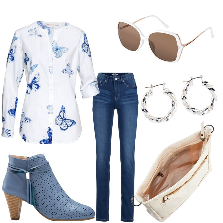 Outfit donna - Bonprix, pomeriggio primaverile. Stile Casual per Tutti i giorni. Abbinamento con jeans, orecchini, camicie, stivaletti, occhiali da sole, borse a tracolla.