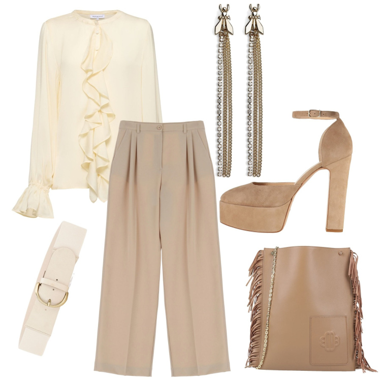 Outfit donna - Crema. Stile Glamour per Ufficio. Abbinamento con décolleté, borse a tracolla, orecchini, pantaloni, cinture, camicie.
