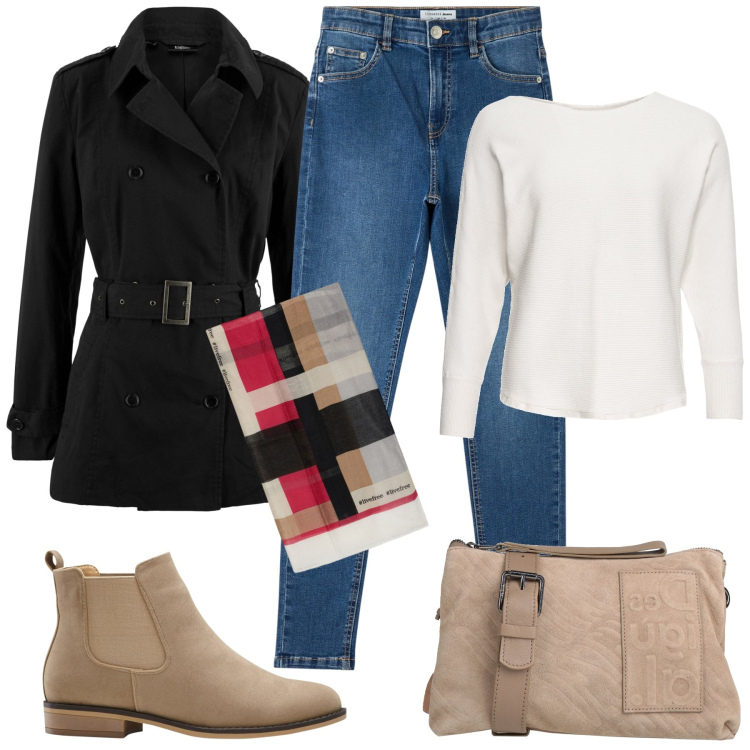 Outfit donna - Giornata di pioggia. Stile Casual chic per Tutti i giorni. Abbinamento con stivaletti chelsea, maglieria, trench, borse a tracolla, jeans skinny, sciarpe.