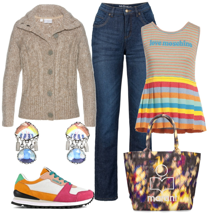 Outfit donna - Un po di allegria. Stile Trendy per Tutti i giorni. Abbinamento con jeans dritti, cardigans, pullovers, orecchini, scarpe sportive, shopping bag.