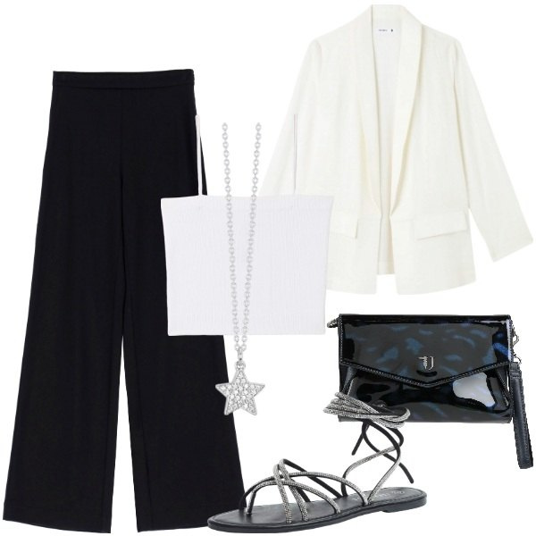 Outfit donna - blazer bianco must have. Stile Chic per Serata fuori. Abbinamento con borse a mano, pantaloni a palazzo, canottiere, blazer, sandali alla schiava, collane.