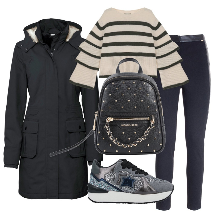 Outfit donna - Total look #1825235. Stile Casual chic per Serata fuori. Abbinamento con parka, sneakers, zaini, pantaloni skinny, pullovers.