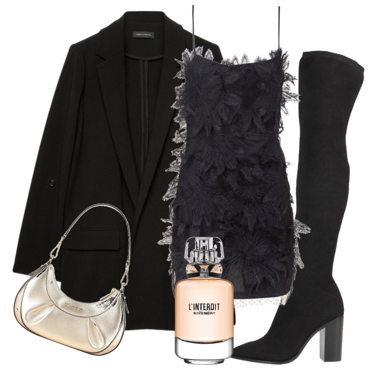 Outfit donna - maxi blazer nero. Stile Glamour per Serata fuori. Abbinamento con borse a mano, stivali sopra il ginocchio, profumi, vestiti senza maniche, blazer.