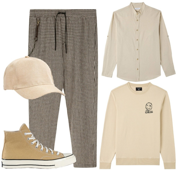 Outfit uomo - Bruno: oggi è beige. Stile Urban per Tutti i giorni. Abbinamento con sneakers alte, felpe, camicie, cappelli, pantaloni.