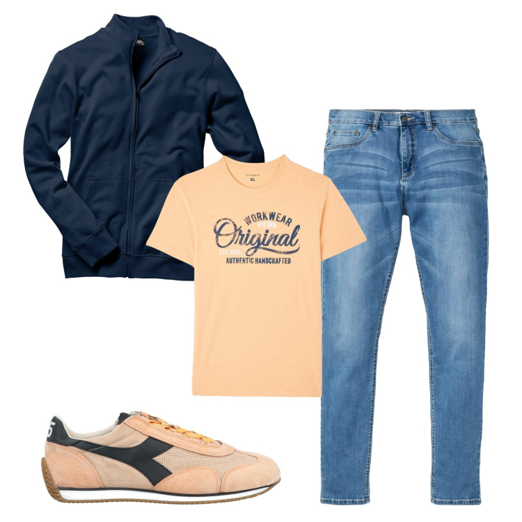 Outfit uomo - City spring. Stile Casual per Tutti i giorni. Abbinamento con felpe, jeans, sneakers, t-shirt.