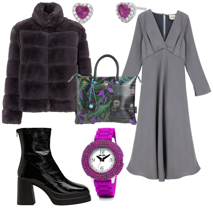 Outfit donna - Grigio e fuxia per l ufficio. Stile Casual chic per Ufficio. Abbinamento con ecopellicce, borse a mano, orologi, stivaletti, orecchini, vestiti lunghi.