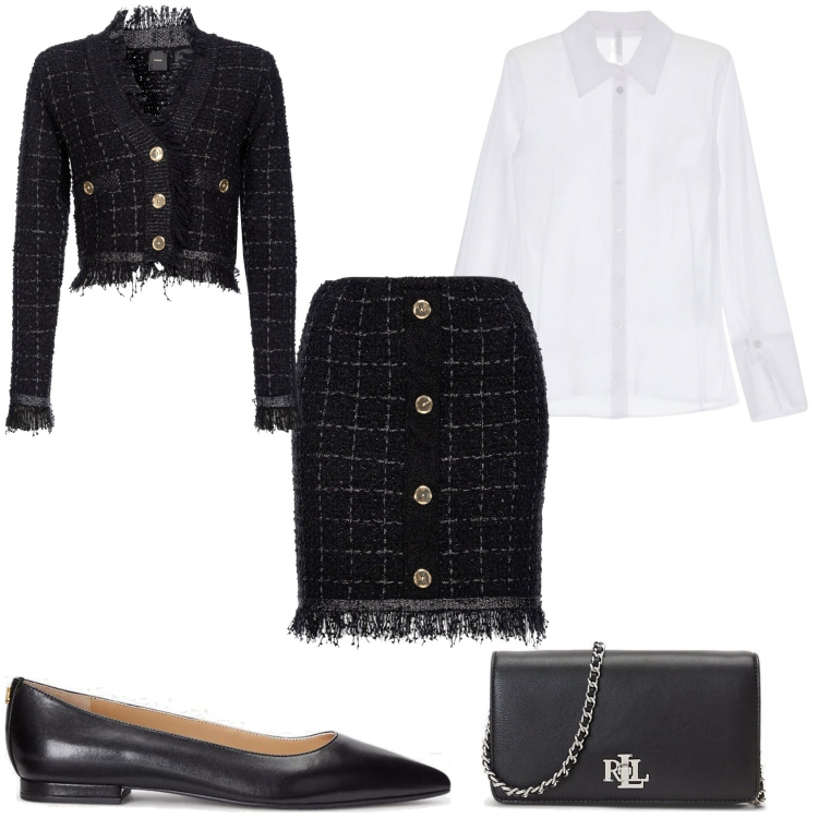 Outfit donna - Una grande mente. Stile Bon Ton per Ufficio. Abbinamento con blazer, minigonne, camicie, ballerine, borse a mano.