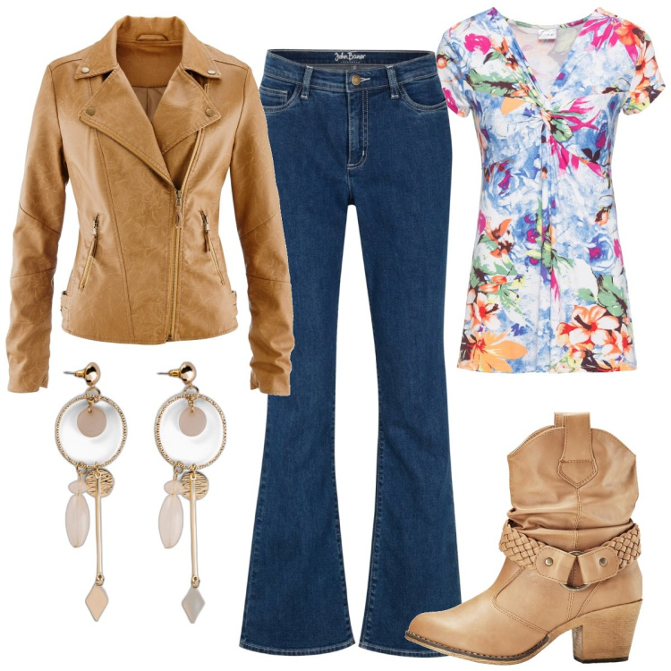 Outfit donna - Tex flowers. Stile Etnico per Tutti i giorni. Abbinamento con jeans bootcut, maglieria, orecchini, stivaletti texani, blazer.