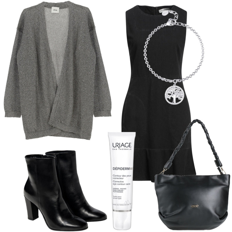 Outfit donna - Total look #1825353. Stile Casual chic per Serata fuori. Abbinamento con vestiti corti, borse a mano, correttori, braccialetti con ciondoli, cardigans, stivaletti.