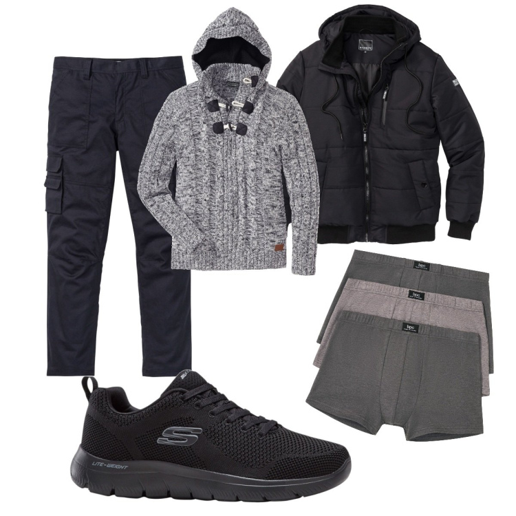 Outfit uomo - Total look Bonprix. Stile Trendy per Tutti i giorni. Abbinamento con maglieria, sneakers, pantaloni cargo, boxer, giacche.