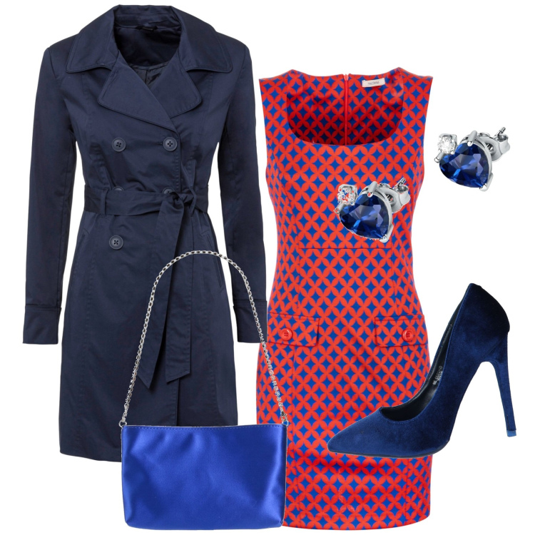 Outfit donna - Un bel tubino geometrico. Stile Bon Ton per Serata fuori. Abbinamento con trench, décolleté, orecchini, borse a mano, vestiti senza maniche.