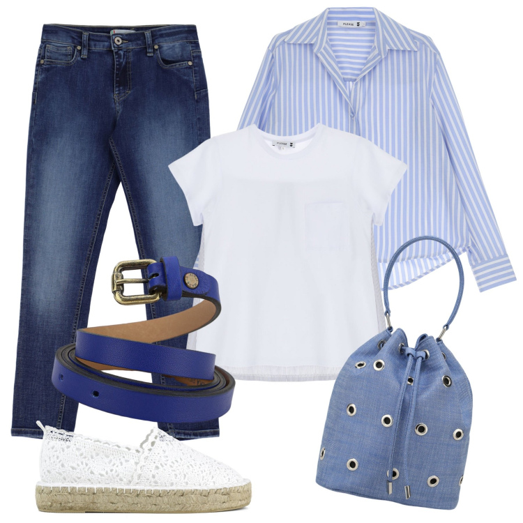 Outfit donna - Denim per tutto il giorno. Stile Basic per Tutti i giorni. Abbinamento con camicie, jeans skinny, t-shirt, cinture, borse a secchiello, espadrillas.