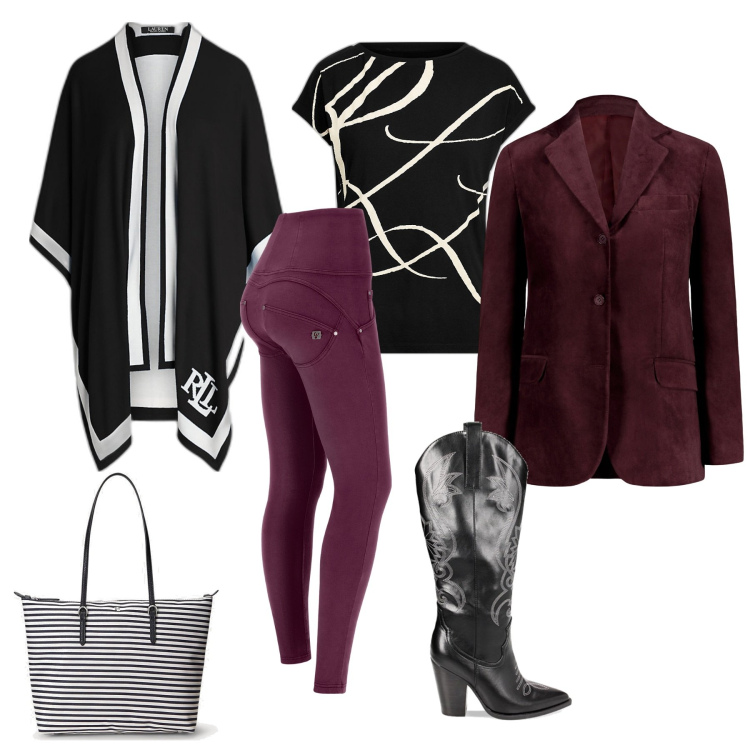 Outfit donna - Bianco, nero e vinaccia. Stile Chic per Ufficio. Abbinamento con stivali, pantaloni skinny, maglieria, cappe, borse tote, blazer.