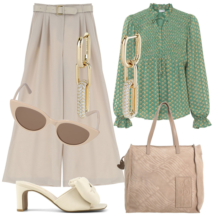 Outfit donna - Cerimonia. Stile Chic per Cerimonia. Abbinamento con bluse, borse a mano, pantaloni a palazzo, orecchini, sandali col tacco, occhiali da sole.