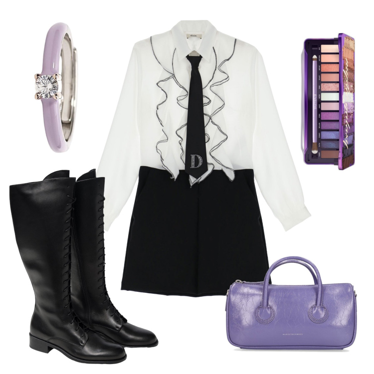 Outfit donna - Mannish rivisitato. Stile Mannish per Serata fuori. Abbinamento con ombretti, anelli, tute, borse a mano, stivali sopra il ginocchio.