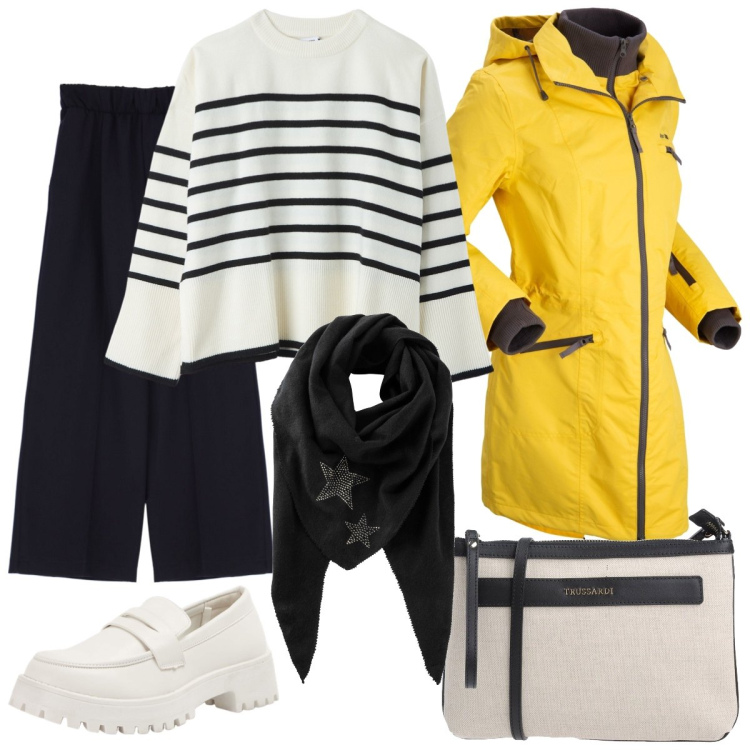 Outfit donna - Mare d’inverno. Stile Bon Ton per Tutti i giorni. Abbinamento con foulard, cappotti, borse a tracolla, maglieria, mocassini, pantaloni a palazzo.