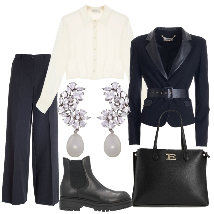 Outfit donna - Lavoro e aperitivo. Stile Casual chic per Ufficio. Abbinamento con borse a mano, stivaletti chelsea, orecchini, blazer, pantaloni a palazzo, camicie.