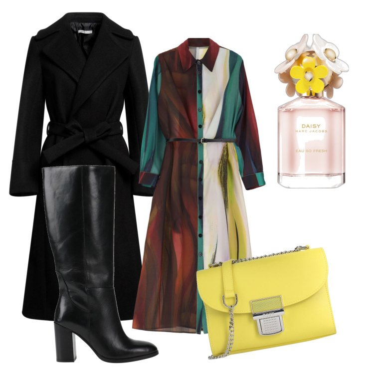 Outfit donna - Giallo limone. Stile Casual chic per Serata fuori. Abbinamento con cappotti, stivali, borse a tracolla, profumi, vestiti midi/longuette.