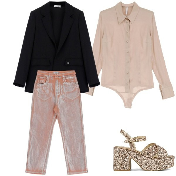 Outfit donna - Pink Sunset. per Serata fuori. Abbinamento con pantaloni, blazer, body, sandali.