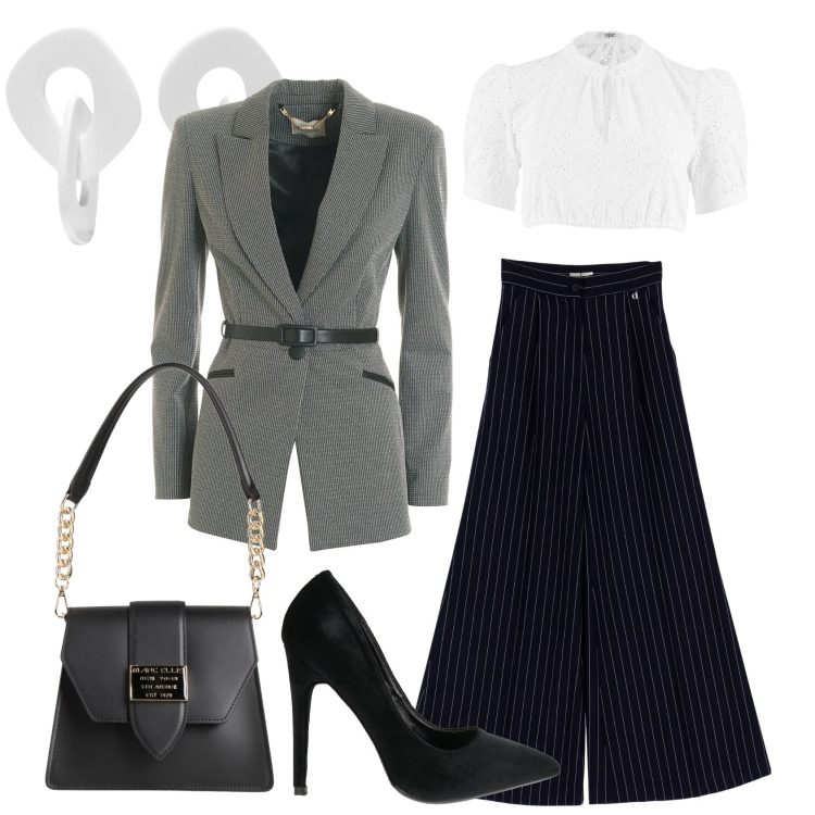 Outfit donna - Gioco di righe. Stile Casual chic per Ufficio. Abbinamento con camicie, orecchini, décolleté, borse a spalla, blazer, pantaloni a palazzo.