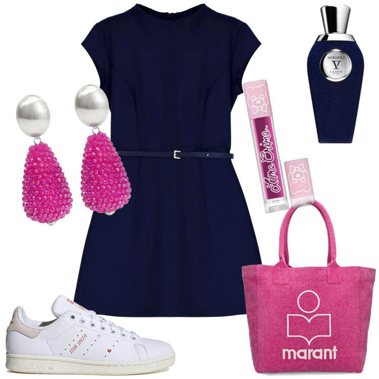 Outfit donna - In centro. Stile Chic per Tutti i giorni. Abbinamento con orecchini, rossetti, profumi, vestiti corti, shopping bag, sneakers.