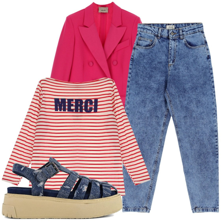 Outfit donna - Total look #1825482. Abbinamento con blazer, t-shirt, jeans slim fit, sandali.