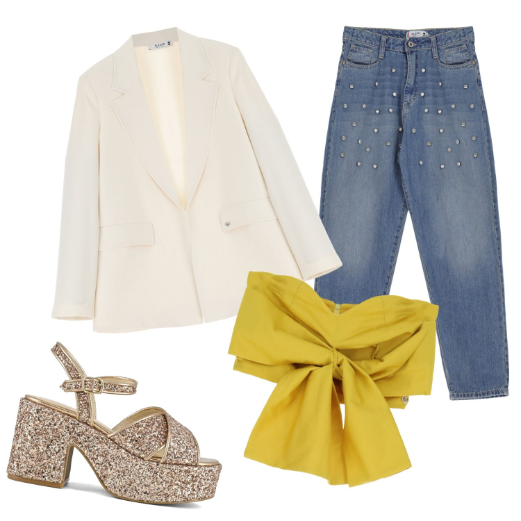 Outfit donna - Top con fiocco by day. Stile Glamour per Tutti i giorni. Abbinamento con jeans, top, blazer, sandali.