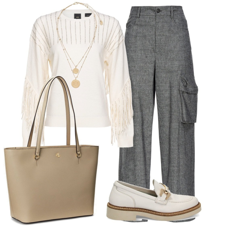Outfit donna - Trendy in ufficio. Abbinamento con pantaloni cargo, pullovers, mocassini, borse tote, ciondoli.
