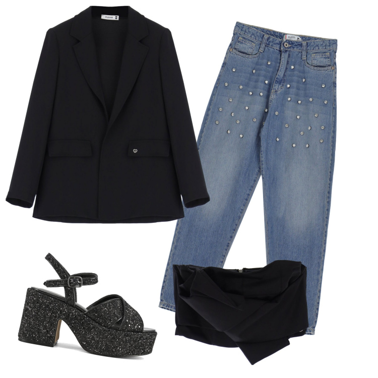 Outfit donna - Top con fiocco by night. Stile Glamour per Serata fuori. Abbinamento con jeans, top, blazer, sandali.