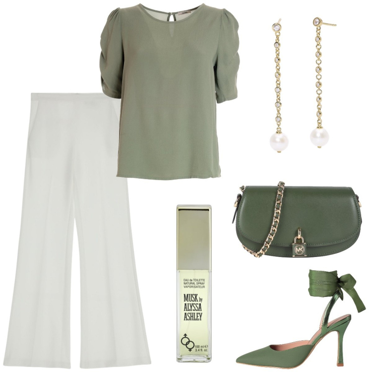 Outfit donna - Cerimonia. Stile Chic per Cerimonia. Abbinamento con décolleté, borse a tracolla, profumi, orecchini, bluse, pantaloni.