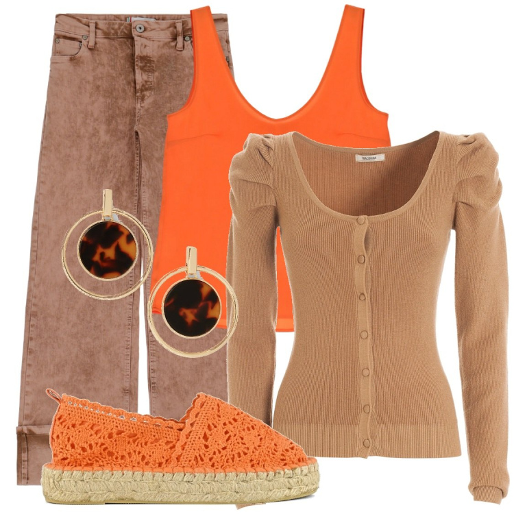 Outfit donna - Spring Summer \'24. Abbinamento con pantaloni, canottiere, cardigans, orecchini, espadrillas.