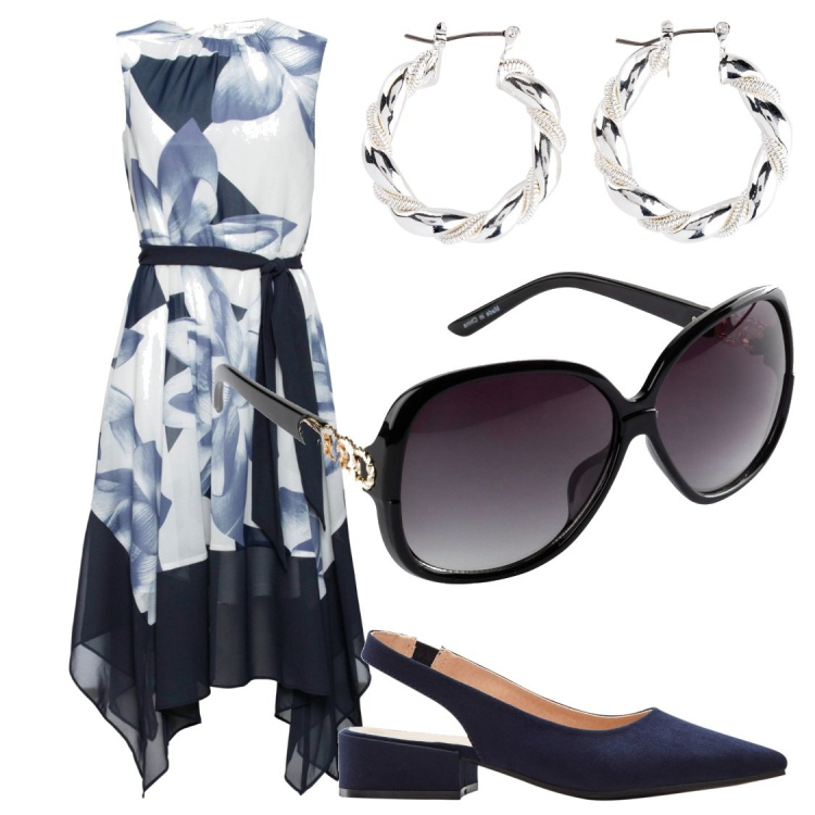 Outfit donna - Acqua e sapone. Abbinamento con décolleté, occhiali da sole, vestiti, orecchini.