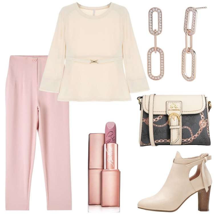 Outfit donna - Pastello. Stile Chic per Cerimonia. Abbinamento con stivaletti, borse a tracolla, rossetti, pantaloni chino, orecchini, maglieria.
