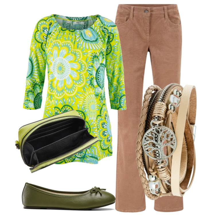 Outfit donna - Total look #1825519. Abbinamento con maglieria, braccialetti, pantaloni, ballerine, borse a tracolla.