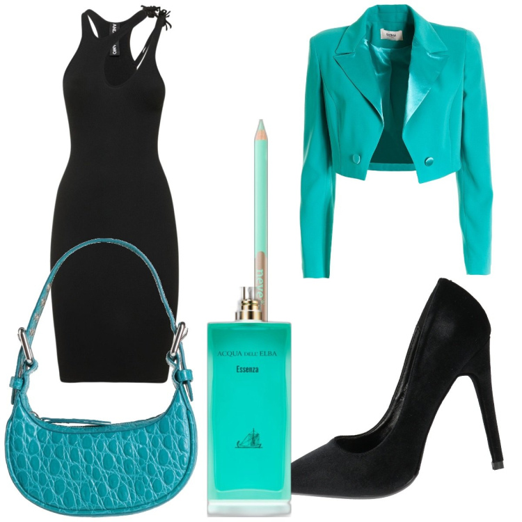 Outfit donna - Nero e verde acqua. Stile Chic per Cerimonia. Abbinamento con décolleté, borse a mano, profumi, eyeliner, blazer, vestiti.