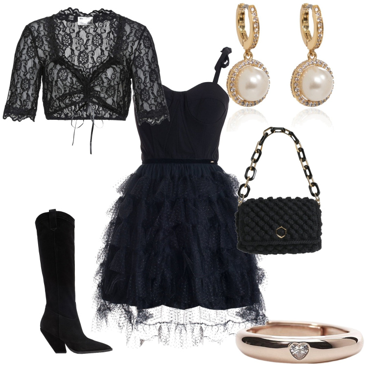 Outfit donna - Glamour per un evento speciale. Stile Romantica per Serata fuori. Abbinamento con stivali, orecchini, borse a mano, camicie, anelli, vestiti corti.