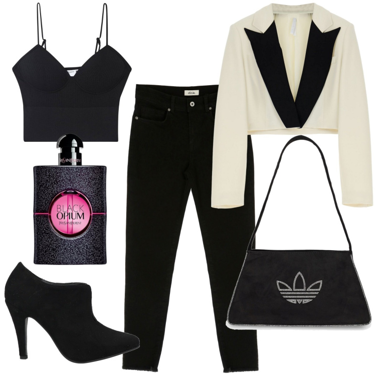 Outfit donna - Chic e casual. Stile Casual chic per Tutti i giorni. Abbinamento con stivaletti, profumi, top, blazer, pantaloni, borse a spalla.