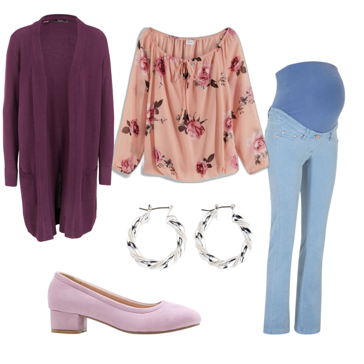 Outfit donna - Dolce attesa. Stile Casual per Tutti i giorni. look ideale per Premaman. Abbinamento con cardigans, orecchini, pantaloni, décolleté, bluse.