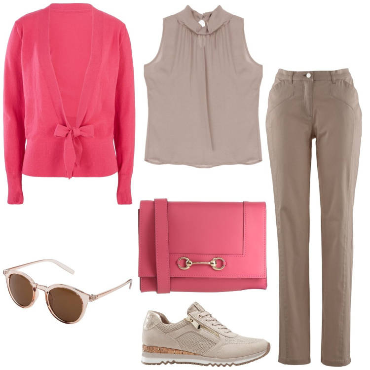 Outfit donna - Dinamica e chic. Stile Casual chic per Tutti i giorni. Abbinamento con sneakers, occhiali da sole, cardigans, pantaloni sportivi, borse a tracolla, canottiere.