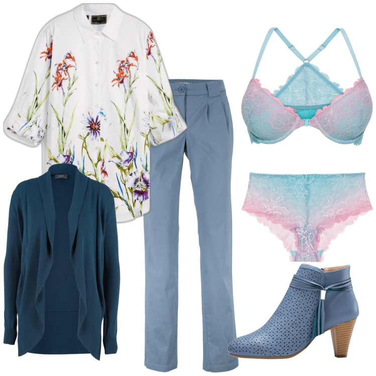 Outfit donna - Total look #1825632. Stile Casual chic per Ufficio. Abbinamento con pantaloni chino, cardigans, camicie, stivaletti, reggiseni, culotte.