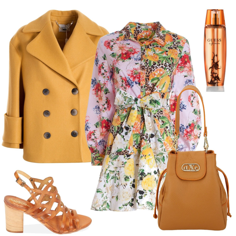 Outfit donna - Fiori speciali. Stile Romantica per Serata fuori. Abbinamento con profumi, caban, vestiti chemisier, sandali col tacco, borse a secchiello.