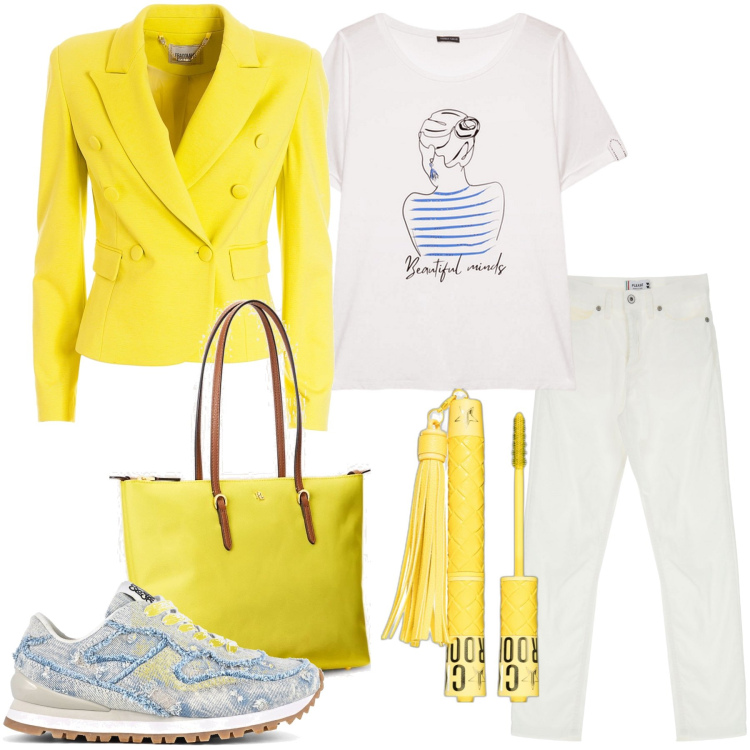 Outfit donna - 8 marzo. Stile Casual chic per Tutti i giorni. Abbinamento con mascara, jeans, blazer, borse tote, scarpe sportive, t-shirt.