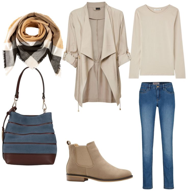 Outfit donna - In città. Stile Casual per Tutti i giorni. Abbinamento con jeans skinny, blazer, stivaletti chelsea, foulard, borse a secchiello, t-shirt.