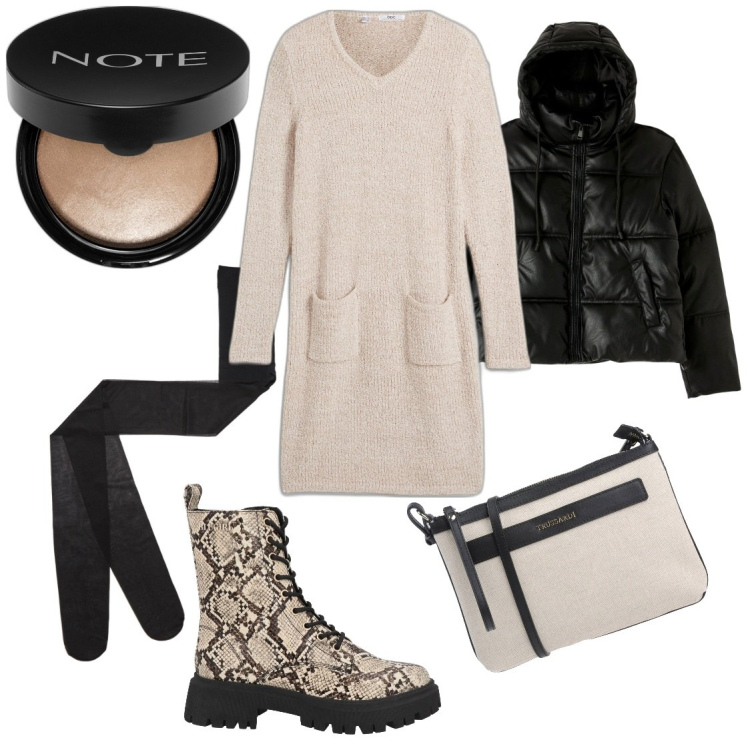Outfit donna - Il maxi pull con anfibi. Stile Casual per Tutti i giorni. Abbinamento con vestiti, anfibi, borse a tracolla, ombretti, collant, piumini.