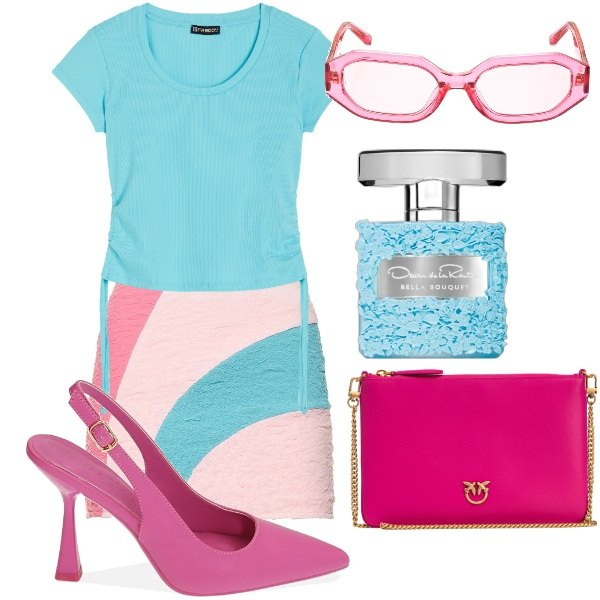 Outfit donna - i colori pastello. Stile Romantica per Tutti i giorni. Abbinamento con profumi, borse a tracolla, décolleté, t-shirt, occhiali da sole, minigonne.