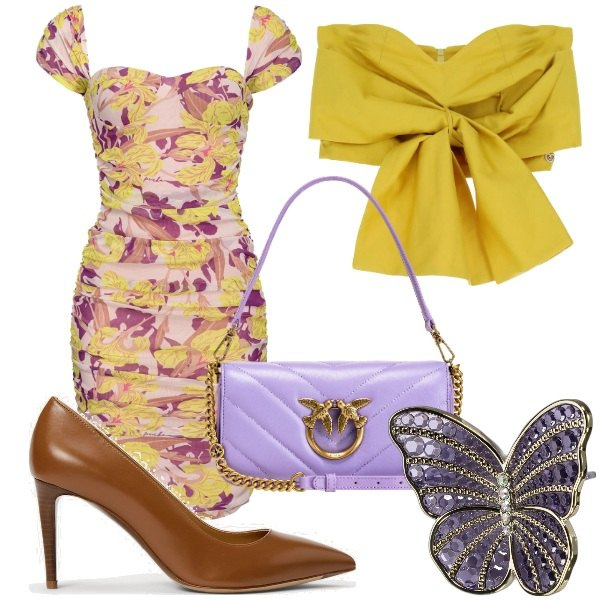 Outfit donna - festa della donna con il fiocco. Stile Sexy per Serata fuori. Abbinamento con profumi, top, vestiti corti, borse a tracolla, décolleté.