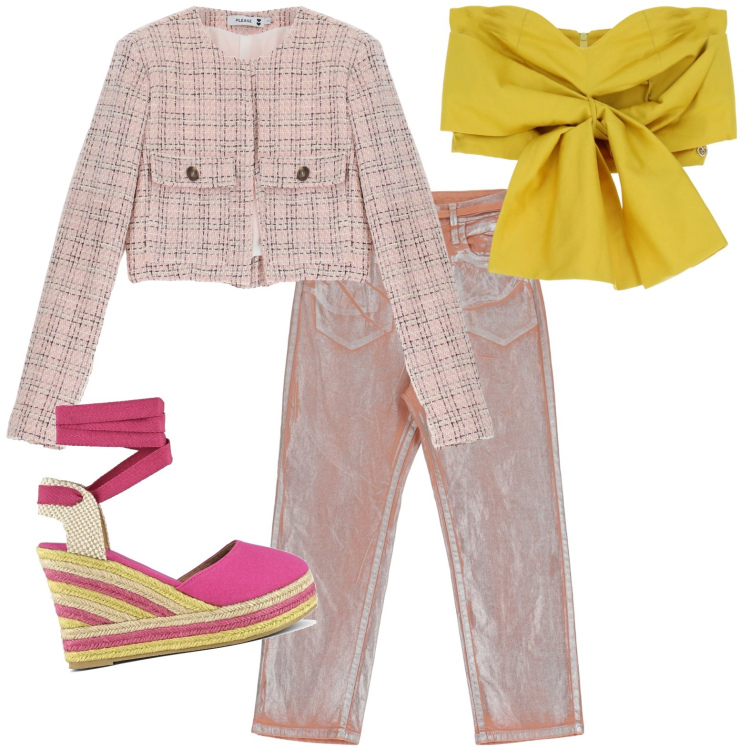 Outfit donna - Promavera. Stile Casual chic per Tutti i giorni. Abbinamento con top, blazer, pantaloni, espadrillas.
