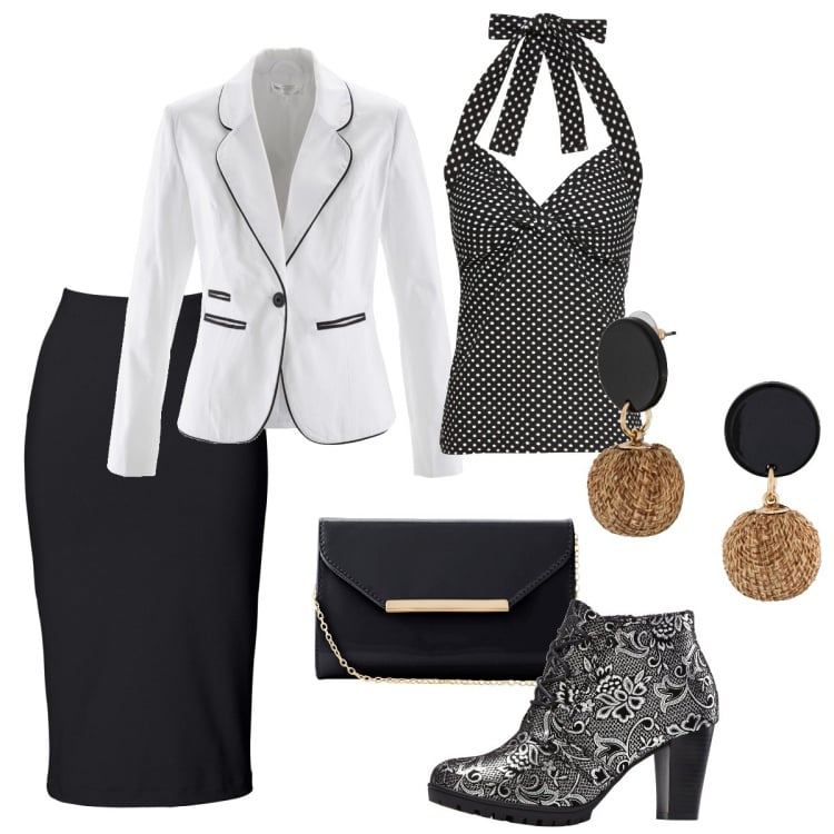 Outfit donna - Total look #1825705. Stile Chic per Ufficio. Abbinamento con gonne longuette, orecchini, top, blazer, stivaletti, pochette.