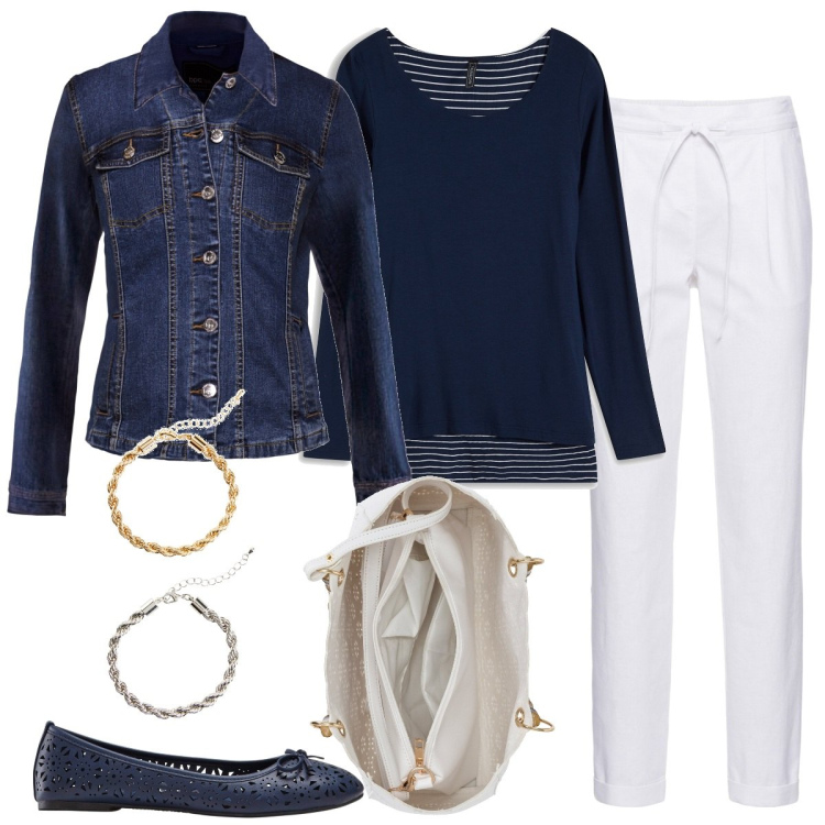 Outfit donna - Primavera alla marinara. Stile Casual per Ufficio. Abbinamento con pantaloni, maglieria, blazer, ballerine, borse a mano, braccialetti.