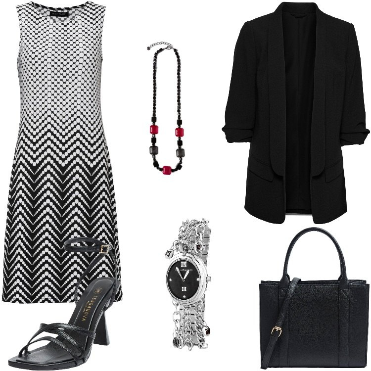 Outfit donna - Abito con balze. Stile Glamour per Serata fuori. Abbinamento con blazer, vestiti, orologi, shopping bag, sandali col tacco, collane.